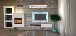 Vizualizace interiéru s horkovzdušným krbem a TV stěnou